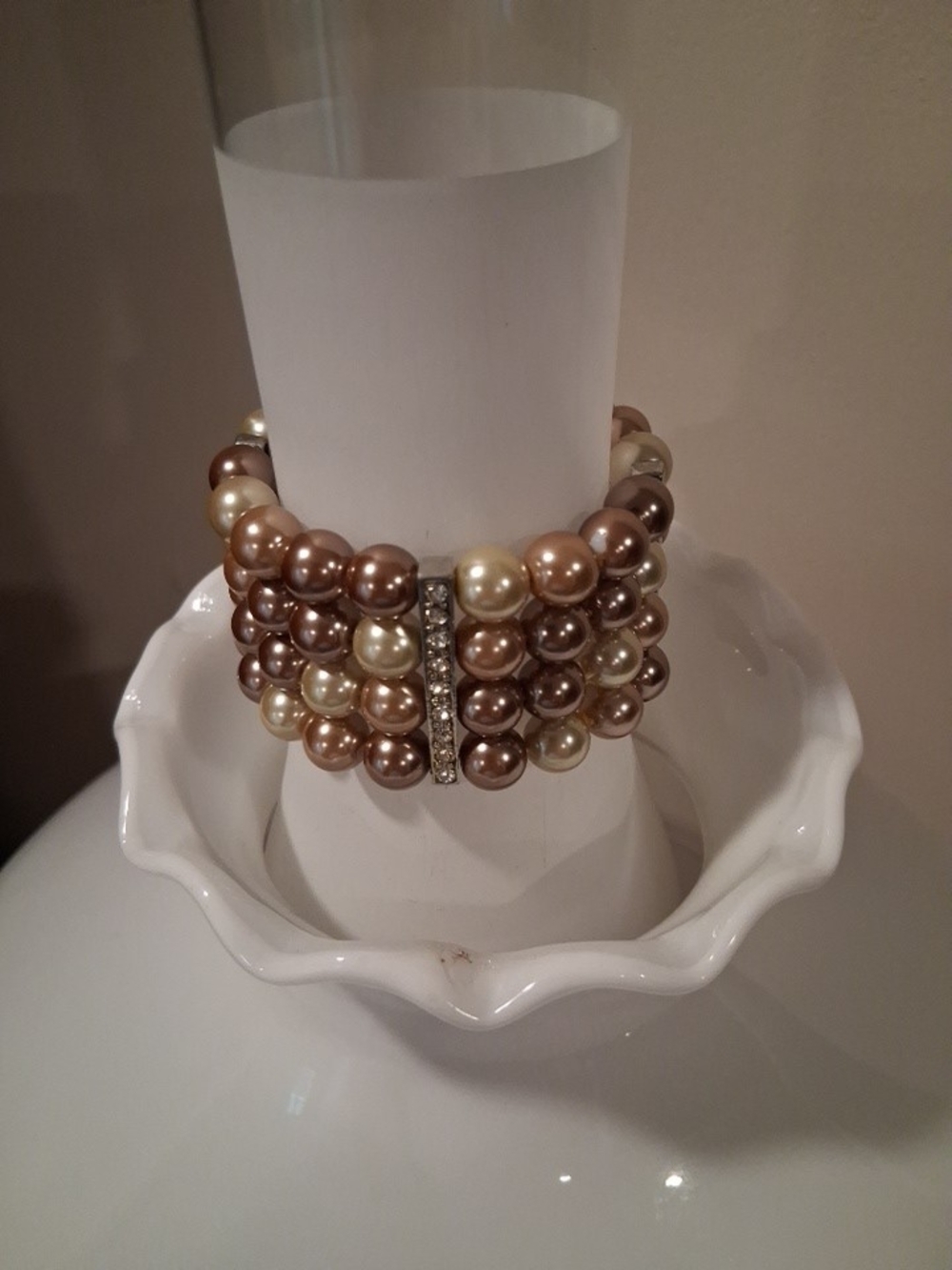 Champagne & Ivory Multi-Row Pearl Stretch Bracelet with Rhinestone Bar
